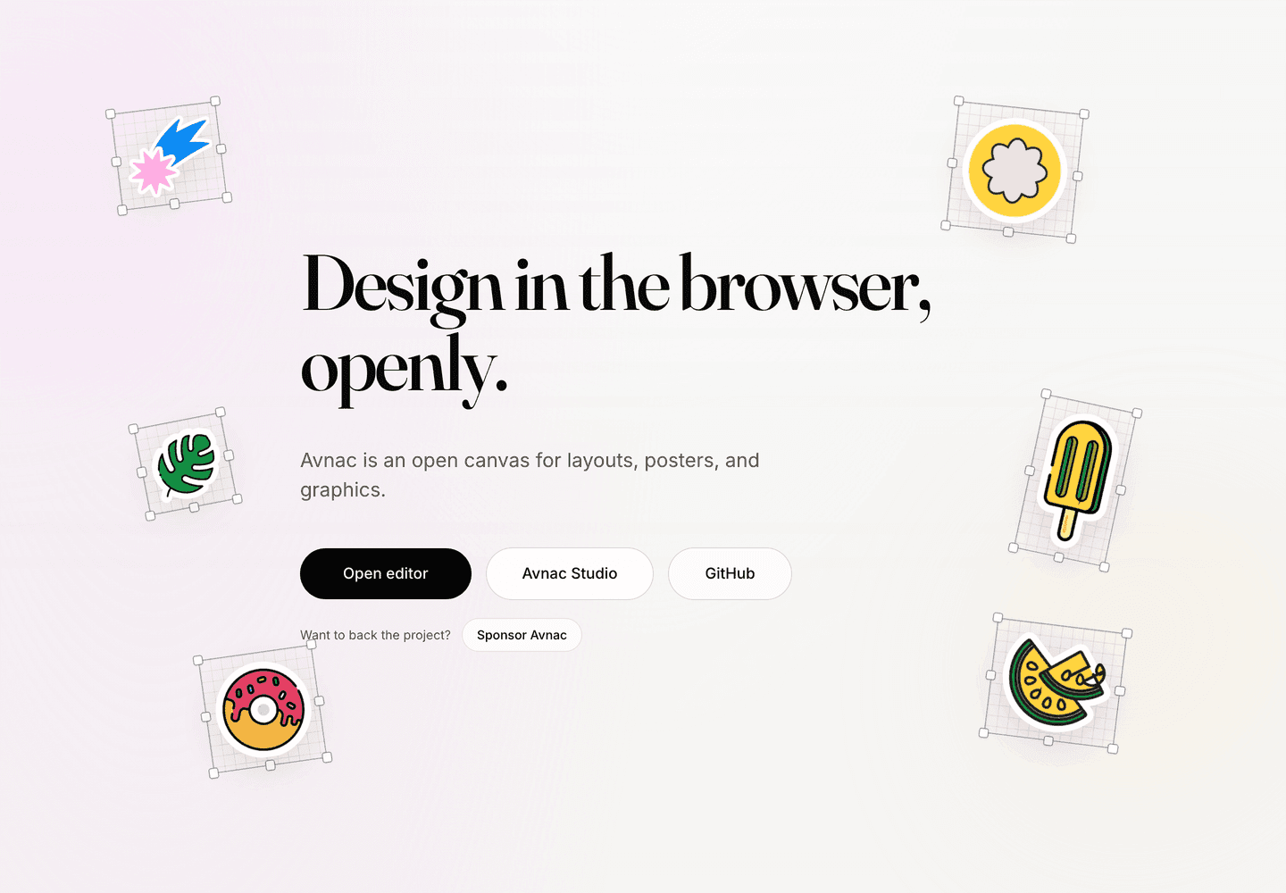 Avnac homepage with a large Fraunces headline, Inter supporting copy and buttons, and colorful design-tool graphics